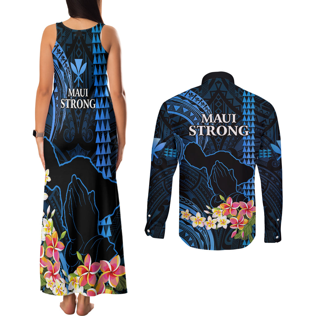 Hawaii Couples Matching Tank Maxi Dress and Long Sleeve Button Shirts Pray For Maui Hawaiian Plumeria Be Strong Blue Verison LT14 - Polynesian Pride