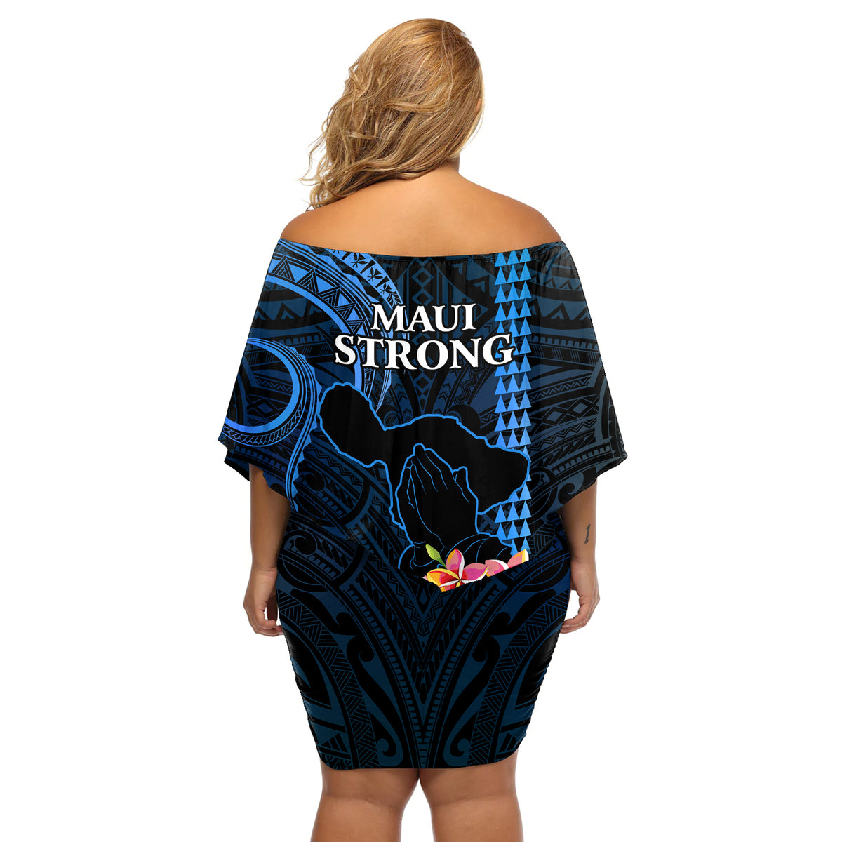 Hawaii Off Shoulder Short Dress Pray For Maui Hawaiian Plumeria Be Strong Blue Verison LT14 - Polynesian Pride