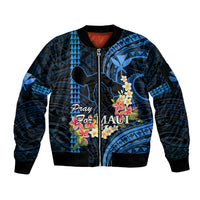 Hawaii Sleeve Zip Bomber Jacket Pray For Maui Hawaiian Plumeria Be Strong Blue Verison LT14 Unisex Blue - Polynesian Pride