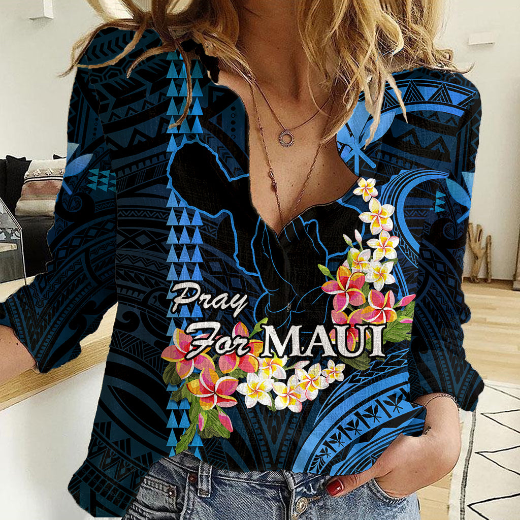 Hawaii Women Casual Shirt Pray For Maui Hawaiian Plumeria Be Strong Blue Verison LT14 Female Blue - Polynesian Pride