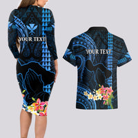 Personalised Hawaii Couples Matching Long Sleeve Bodycon Dress and Hawaiian Shirt Pray For Maui Hawaiian Plumeria Be Strong Blue Verison LT14 - Polynesian Pride