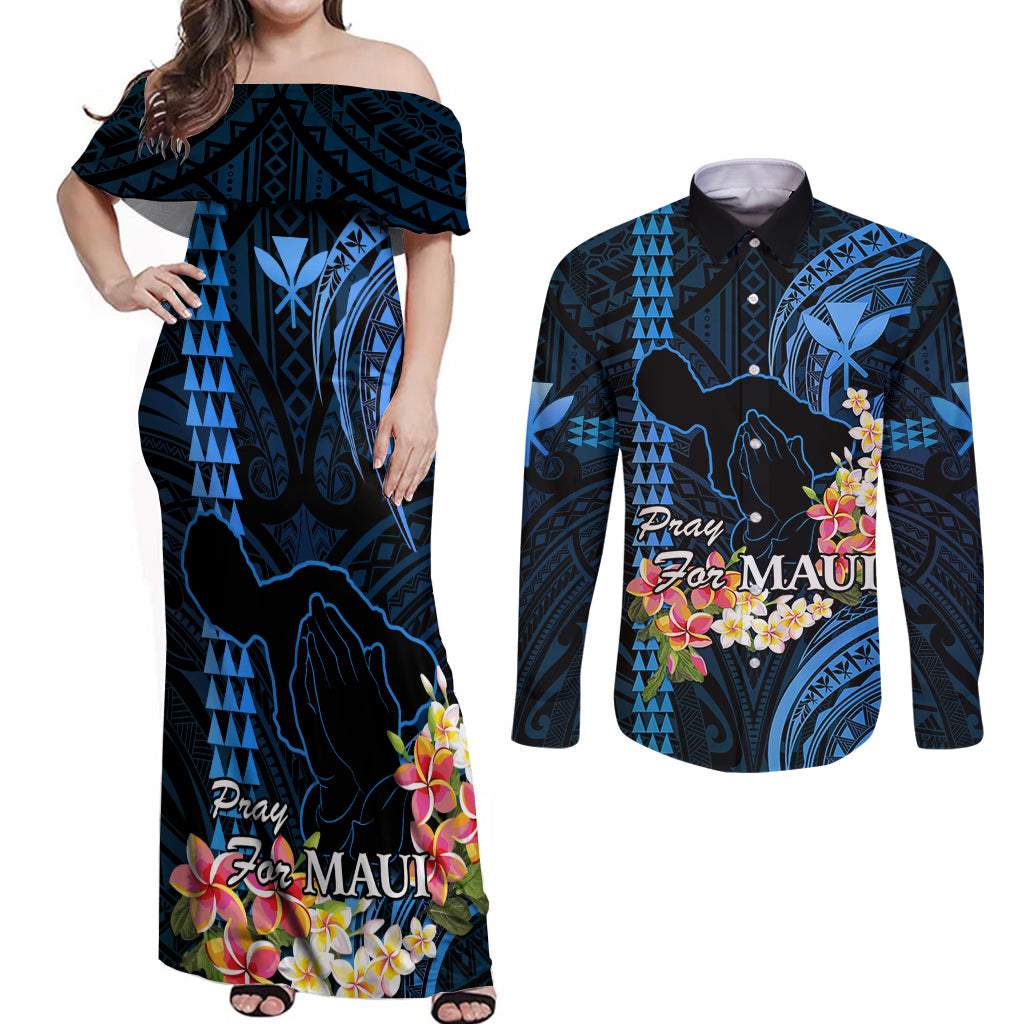 Personalised Hawaii Couples Matching Off Shoulder Maxi Dress and Long Sleeve Button Shirts Pray For Maui Hawaiian Plumeria Be Strong Blue Verison LT14 Blue - Polynesian Pride