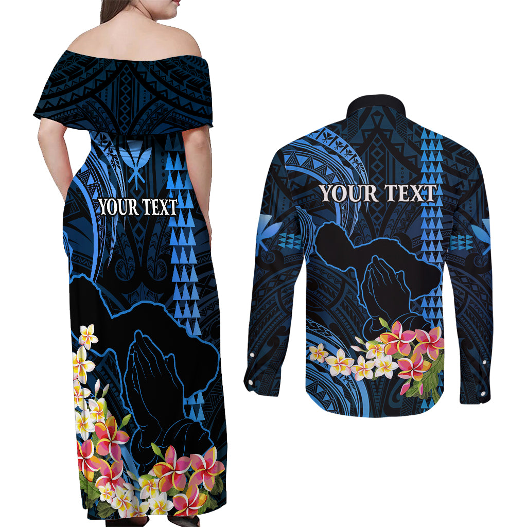 Personalised Hawaii Couples Matching Off Shoulder Maxi Dress and Long Sleeve Button Shirts Pray For Maui Hawaiian Plumeria Be Strong Blue Verison LT14 - Polynesian Pride