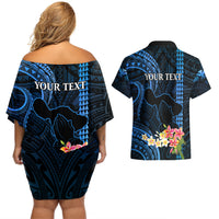 Personalised Hawaii Couples Matching Off Shoulder Short Dress and Hawaiian Shirt Pray For Maui Hawaiian Plumeria Be Strong Blue Verison LT14 - Polynesian Pride