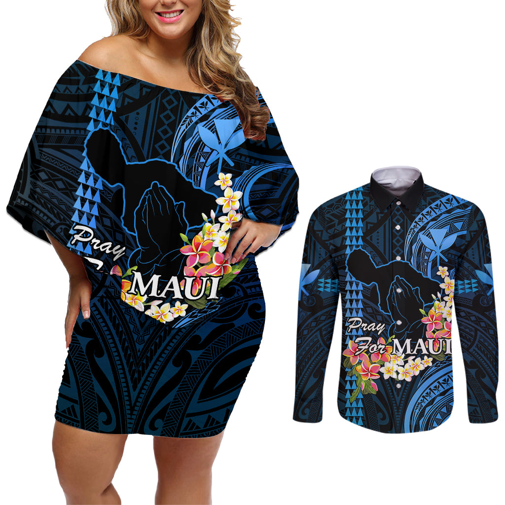 Personalised Hawaii Couples Matching Off Shoulder Short Dress and Long Sleeve Button Shirts Pray For Maui Hawaiian Plumeria Be Strong Blue Verison LT14 Blue - Polynesian Pride