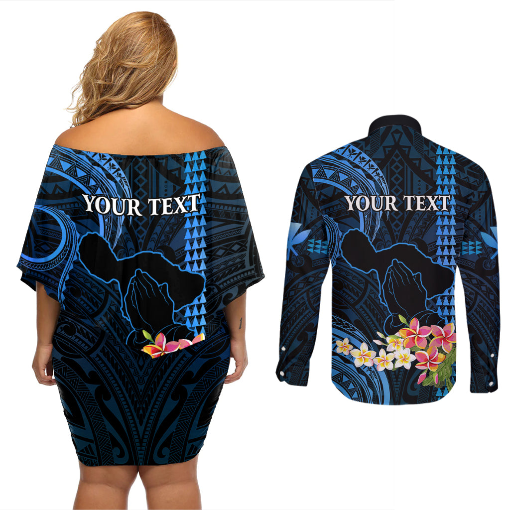 Personalised Hawaii Couples Matching Off Shoulder Short Dress and Long Sleeve Button Shirts Pray For Maui Hawaiian Plumeria Be Strong Blue Verison LT14 - Polynesian Pride