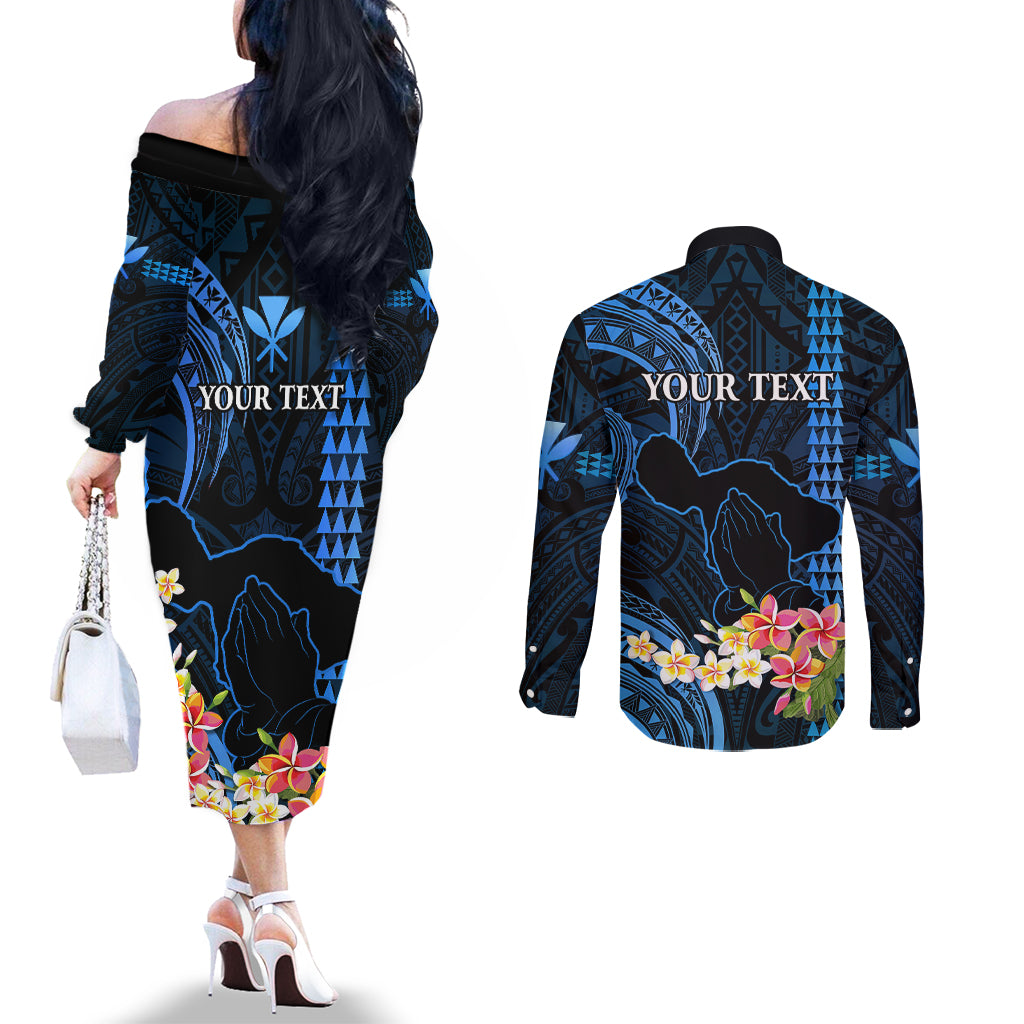 Personalised Hawaii Couples Matching Off The Shoulder Long Sleeve Dress and Long Sleeve Button Shirts Pray For Maui Hawaiian Plumeria Be Strong Blue Verison LT14 - Polynesian Pride