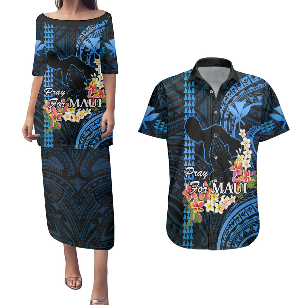 Personalised Hawaii Couples Matching Puletasi Dress and Hawaiian Shirt Pray For Maui Hawaiian Plumeria Be Strong Blue Verison LT14 Blue - Polynesian Pride