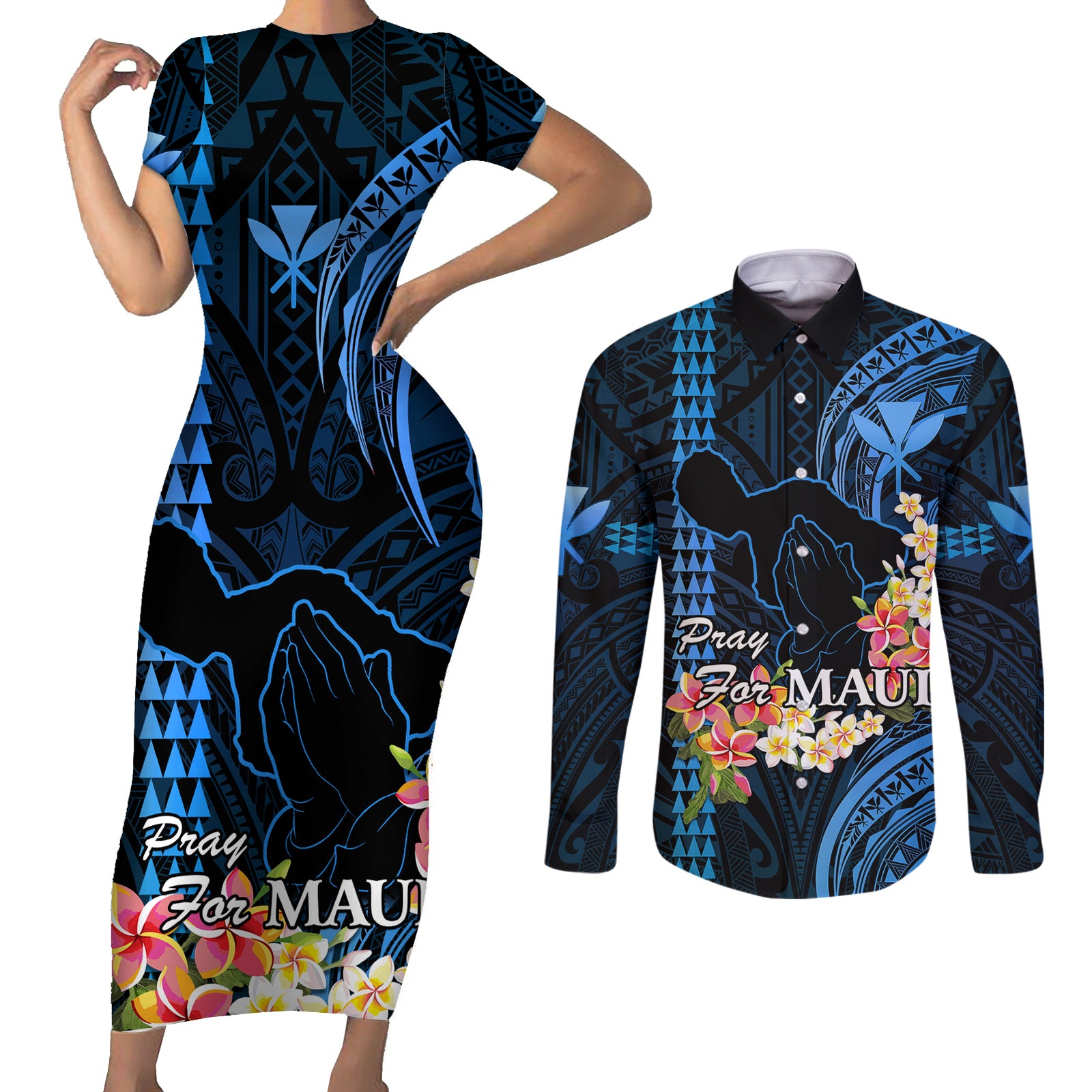 Personalised Hawaii Couples Matching Short Sleeve Bodycon Dress and Long Sleeve Button Shirts Pray For Maui Hawaiian Plumeria Be Strong Blue Verison LT14 Blue - Polynesian Pride