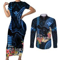 Personalised Hawaii Couples Matching Short Sleeve Bodycon Dress and Long Sleeve Button Shirts Pray For Maui Hawaiian Plumeria Be Strong Blue Verison LT14 Blue - Polynesian Pride