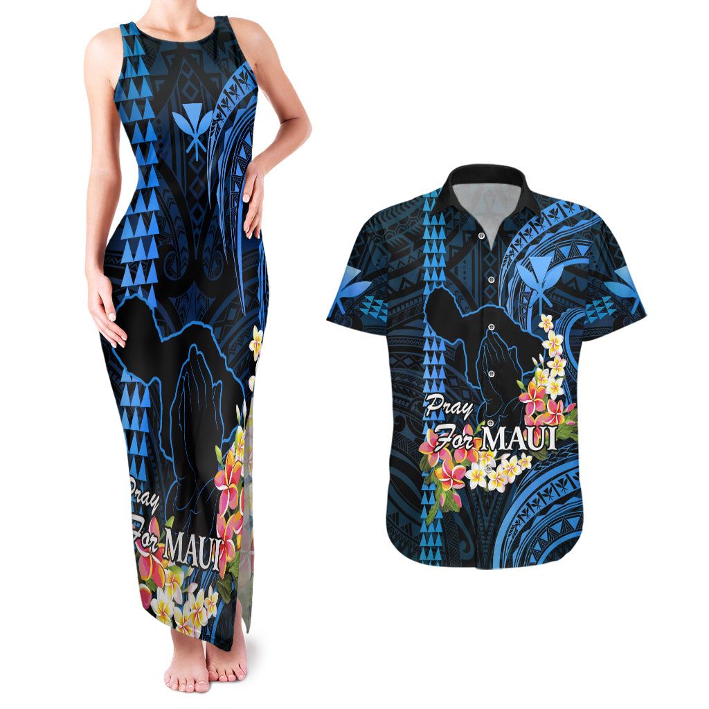 Personalised Hawaii Couples Matching Tank Maxi Dress and Hawaiian Shirt Pray For Maui Hawaiian Plumeria Be Strong Blue Verison LT14 Blue - Polynesian Pride