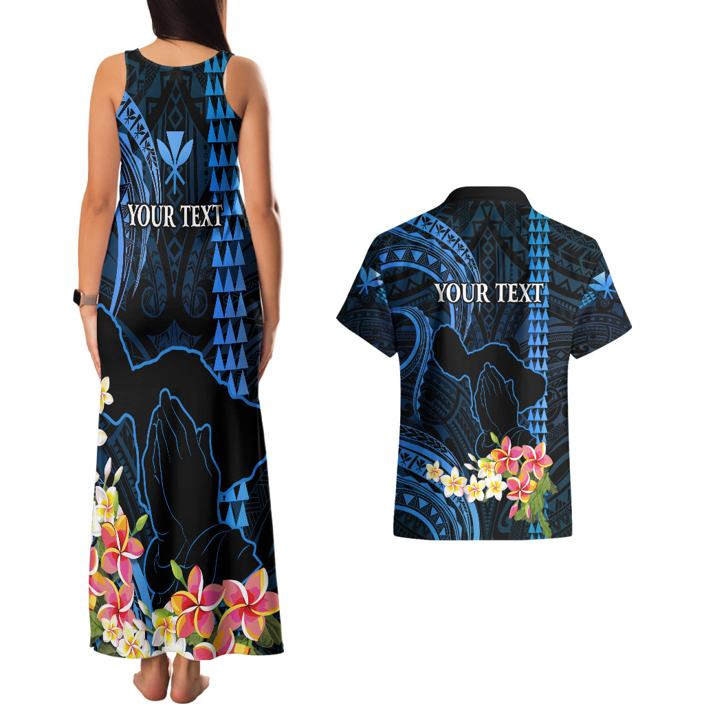 Personalised Hawaii Couples Matching Tank Maxi Dress and Hawaiian Shirt Pray For Maui Hawaiian Plumeria Be Strong Blue Verison LT14 - Polynesian Pride