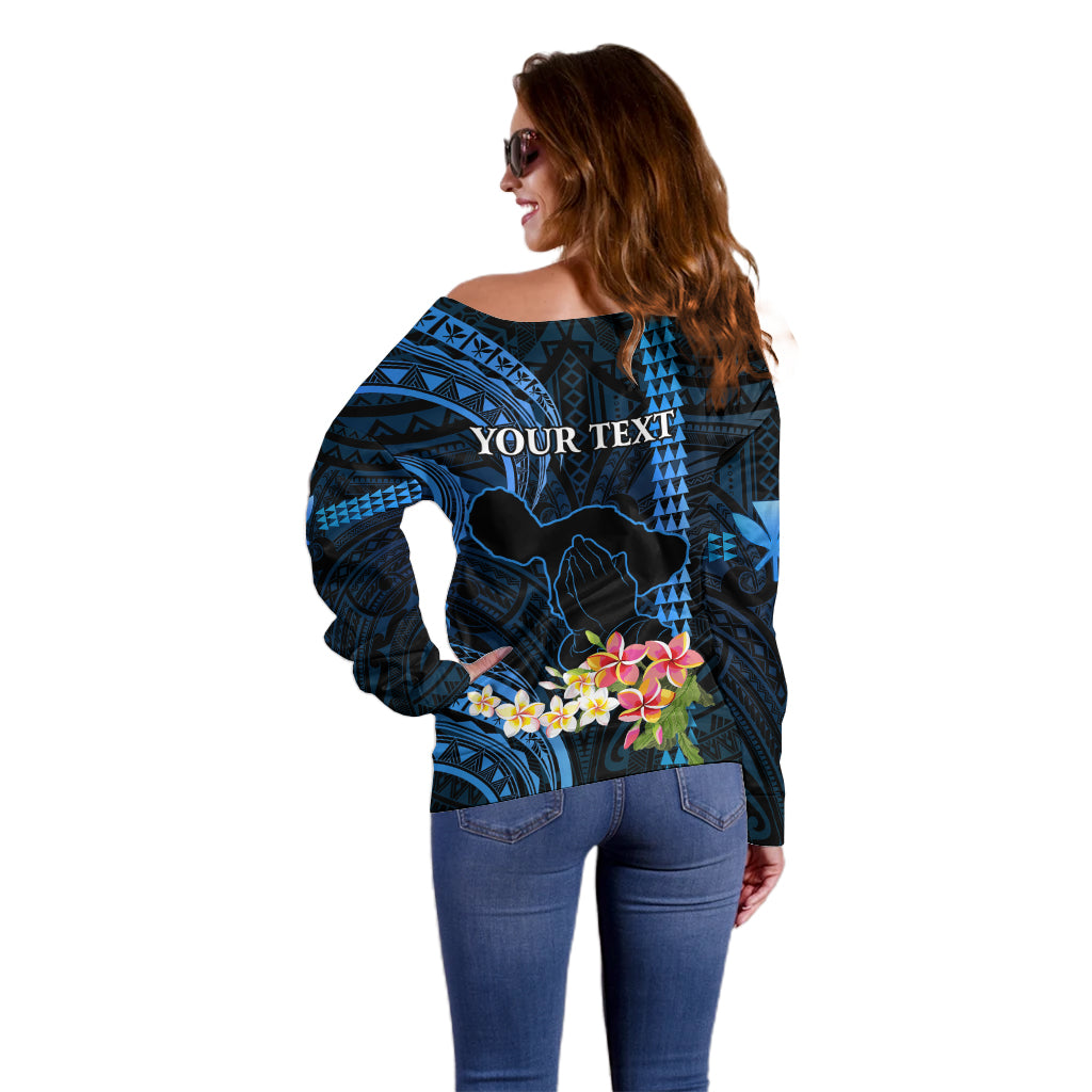Personalised Hawaii Off Shoulder Sweater Pray For Maui Hawaiian Plumeria Be Strong Blue Verison LT14 - Polynesian Pride