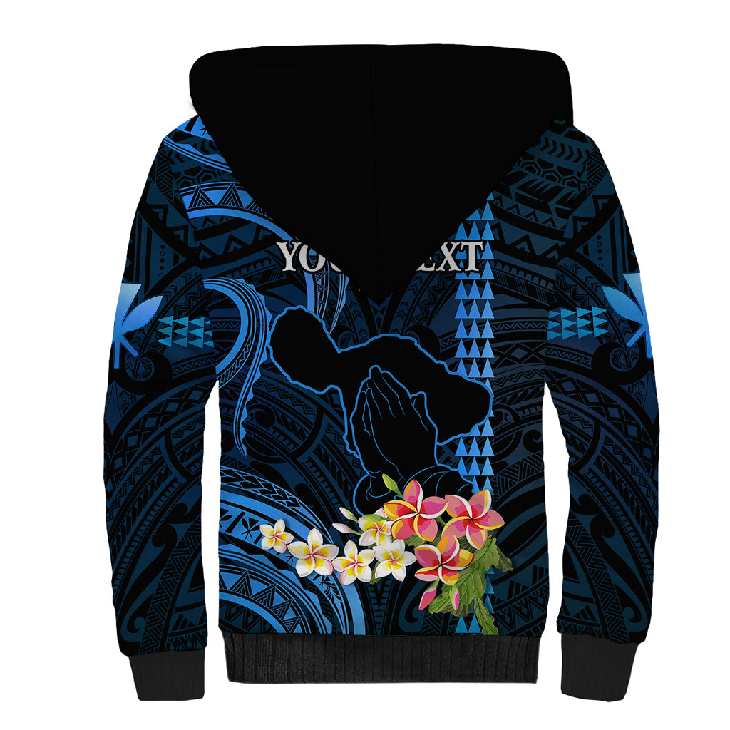 Personalised Hawaii Sherpa Hoodie Pray For Maui Hawaiian Plumeria Be Strong Blue Verison LT14 - Polynesian Pride