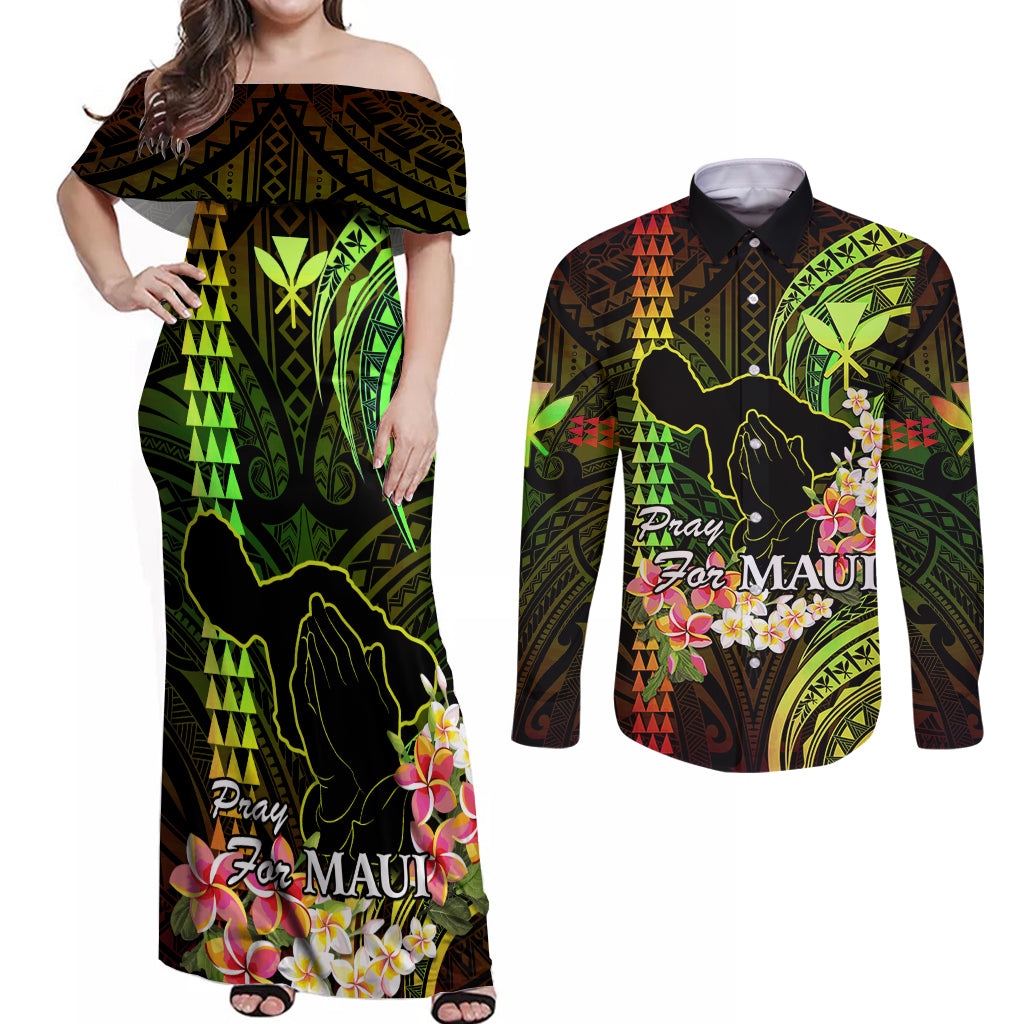Hawaii Couples Matching Off Shoulder Maxi Dress and Long Sleeve Button Shirts Pray For Maui Hawaiian Plumeria Be Strong Reggae Verison LT14 Reggae - Polynesian Pride