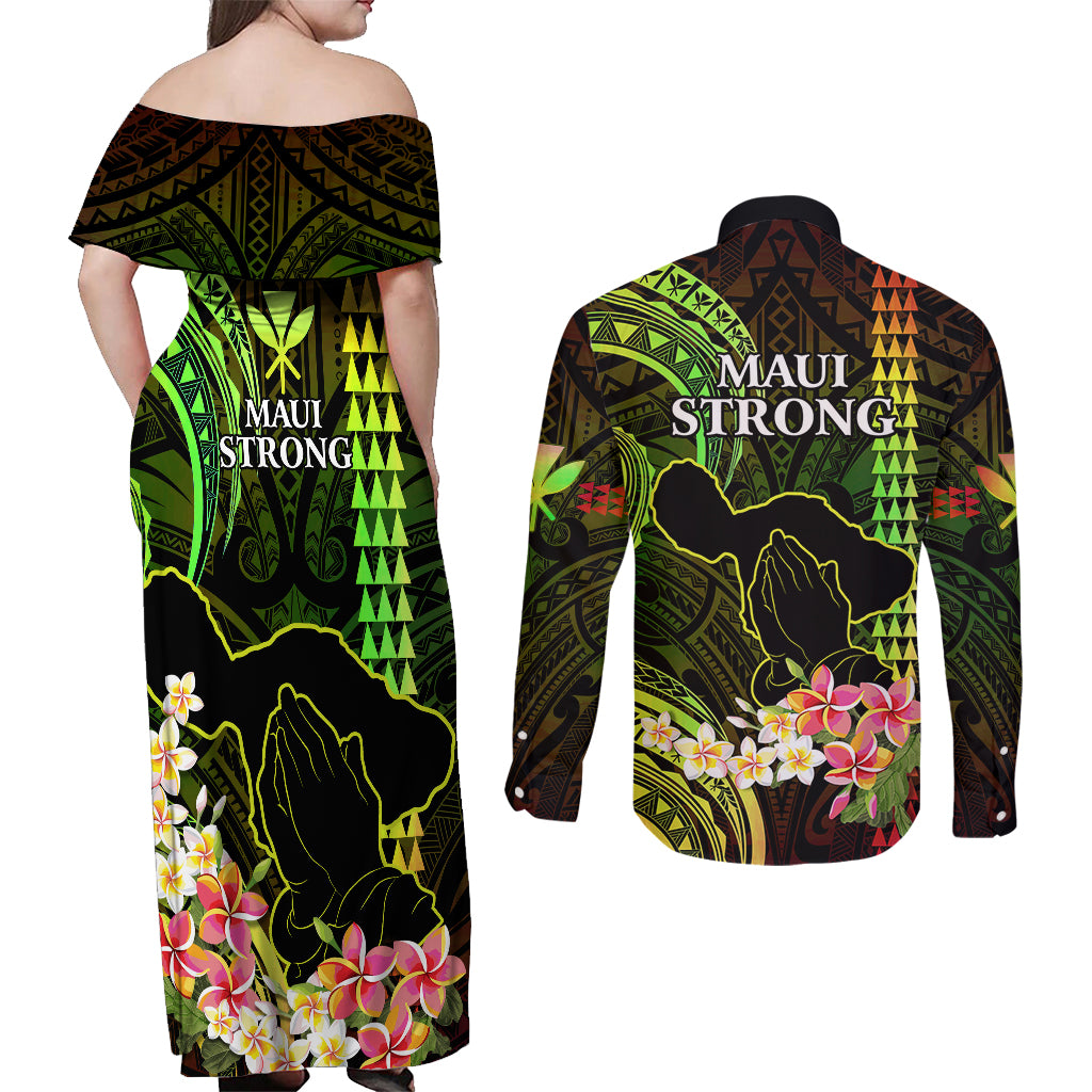 Hawaii Couples Matching Off Shoulder Maxi Dress and Long Sleeve Button Shirts Pray For Maui Hawaiian Plumeria Be Strong Reggae Verison LT14 - Polynesian Pride