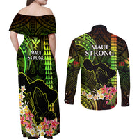 Hawaii Couples Matching Off Shoulder Maxi Dress and Long Sleeve Button Shirts Pray For Maui Hawaiian Plumeria Be Strong Reggae Verison LT14 - Polynesian Pride