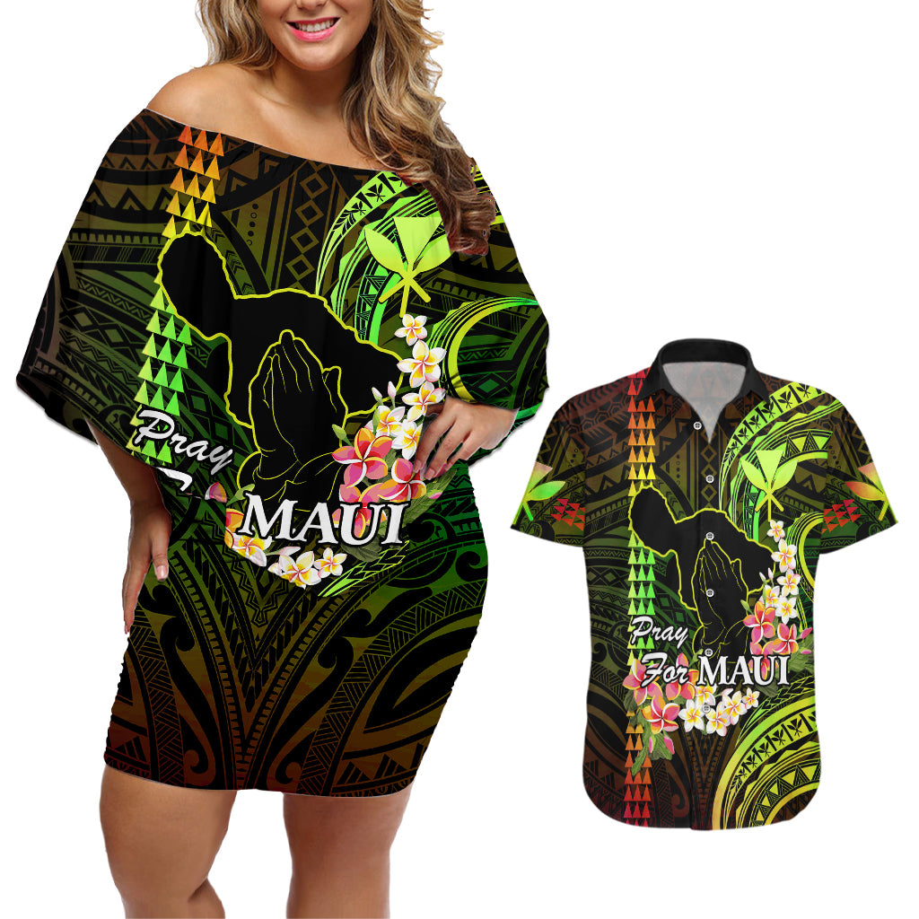 Hawaii Couples Matching Off Shoulder Short Dress and Hawaiian Shirt Pray For Maui Hawaiian Plumeria Be Strong Reggae Verison LT14 Reggae - Polynesian Pride