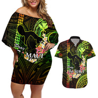 Hawaii Couples Matching Off Shoulder Short Dress and Hawaiian Shirt Pray For Maui Hawaiian Plumeria Be Strong Reggae Verison LT14 Reggae - Polynesian Pride