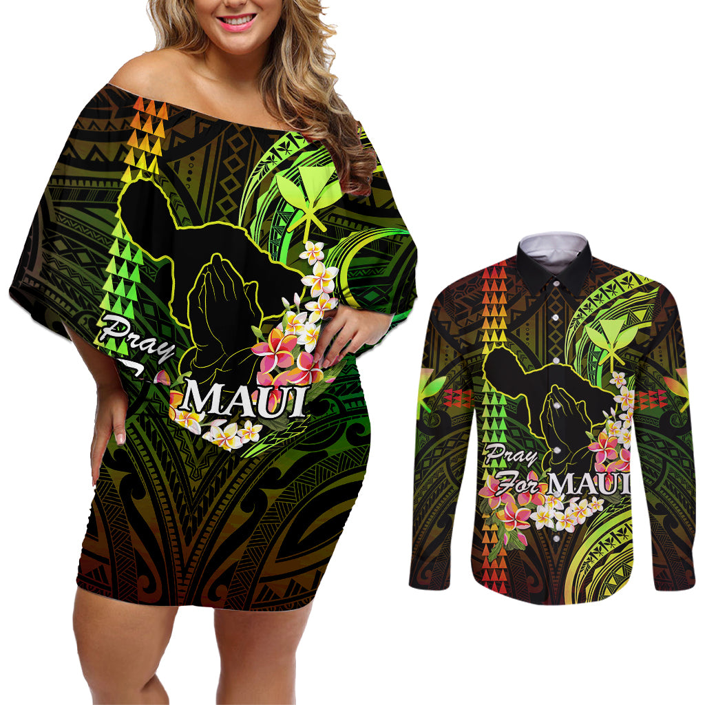 Hawaii Couples Matching Off Shoulder Short Dress and Long Sleeve Button Shirts Pray For Maui Hawaiian Plumeria Be Strong Reggae Verison LT14 Reggae - Polynesian Pride
