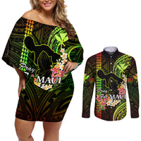 Hawaii Couples Matching Off Shoulder Short Dress and Long Sleeve Button Shirts Pray For Maui Hawaiian Plumeria Be Strong Reggae Verison LT14 Reggae - Polynesian Pride