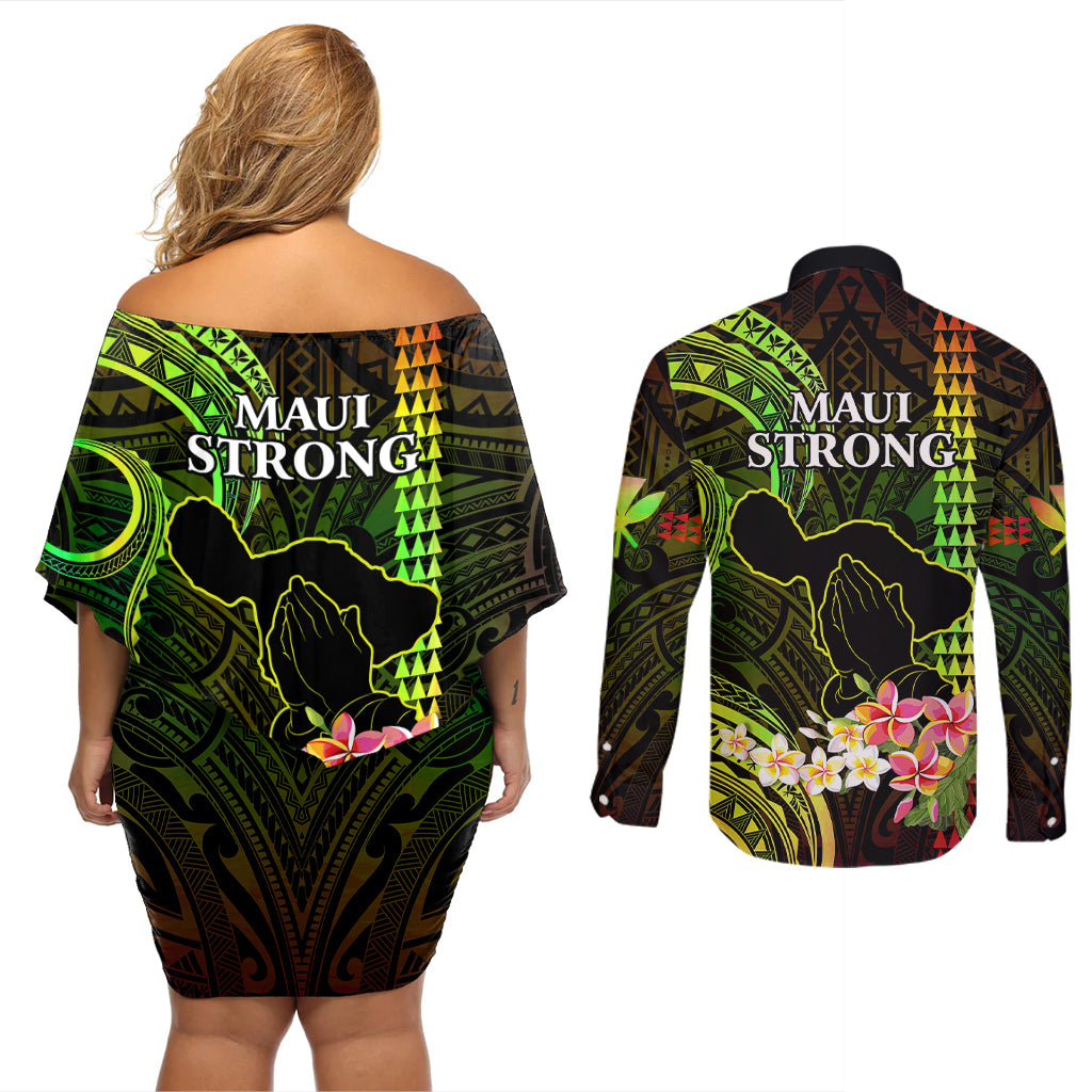 Hawaii Couples Matching Off Shoulder Short Dress and Long Sleeve Button Shirts Pray For Maui Hawaiian Plumeria Be Strong Reggae Verison LT14 - Polynesian Pride