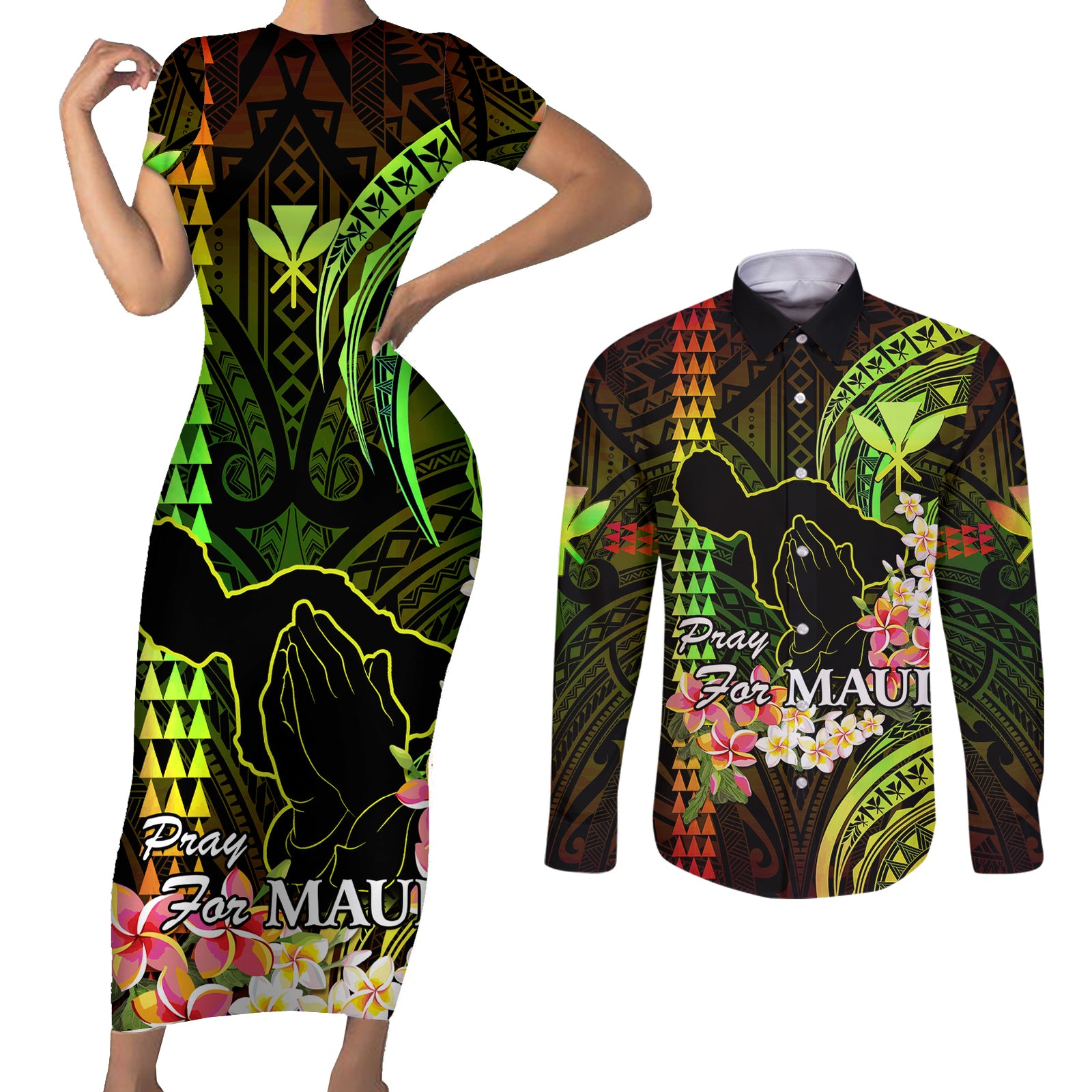 Hawaii Couples Matching Short Sleeve Bodycon Dress and Long Sleeve Button Shirts Pray For Maui Hawaiian Plumeria Be Strong Reggae Verison LT14 Reggae - Polynesian Pride