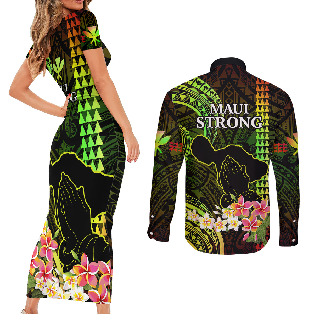 Hawaii Couples Matching Short Sleeve Bodycon Dress and Long Sleeve Button Shirts Pray For Maui Hawaiian Plumeria Be Strong Reggae Verison LT14 - Polynesian Pride