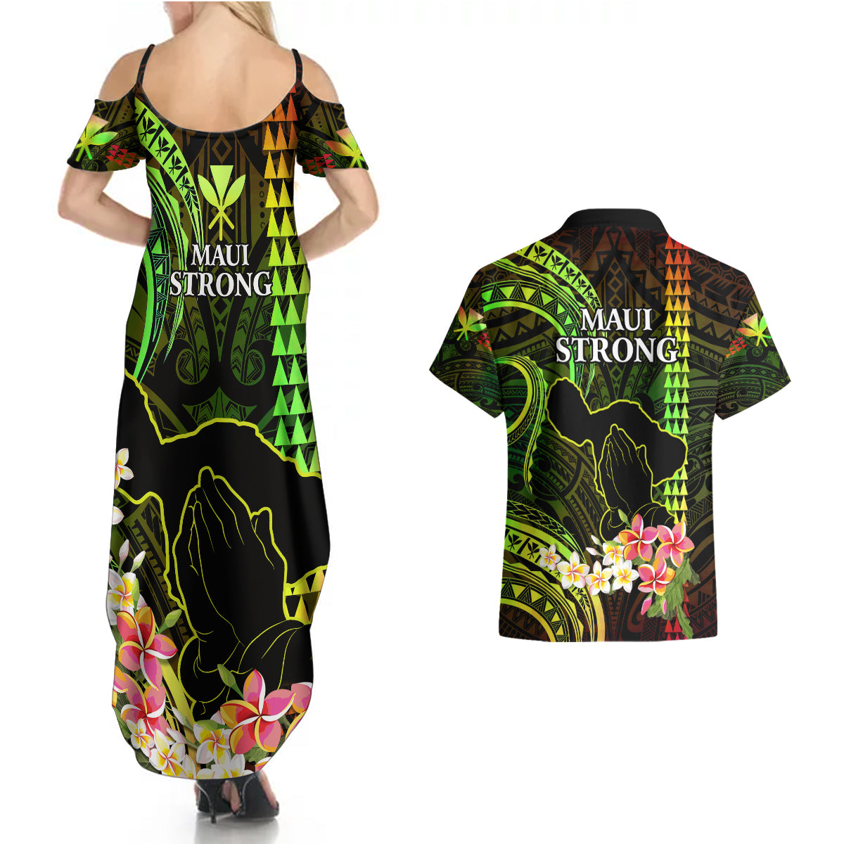 Hawaii Couples Matching Summer Maxi Dress and Hawaiian Shirt Pray For Maui Hawaiian Plumeria Be Strong Reggae Verison LT14 - Polynesian Pride
