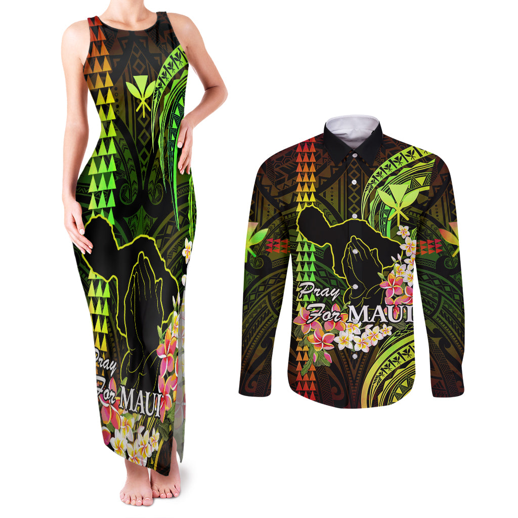 Hawaii Couples Matching Tank Maxi Dress and Long Sleeve Button Shirts Pray For Maui Hawaiian Plumeria Be Strong Reggae Verison LT14 Reggae - Polynesian Pride
