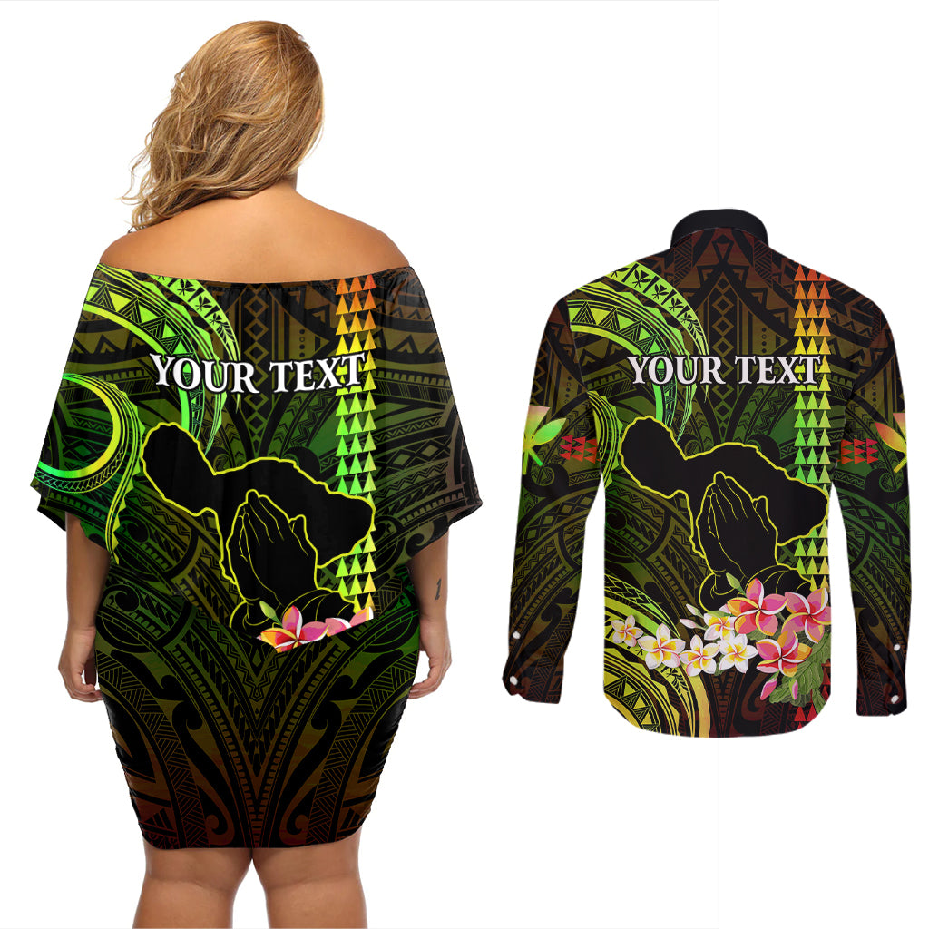 Personalised Hawaii Couples Matching Off Shoulder Short Dress and Long Sleeve Button Shirts Pray For Maui Hawaiian Plumeria Be Strong Reggae Verison LT14 - Polynesian Pride