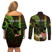 Personalised Hawaii Couples Matching Off Shoulder Short Dress and Long Sleeve Button Shirts Pray For Maui Hawaiian Plumeria Be Strong Reggae Verison LT14 - Polynesian Pride