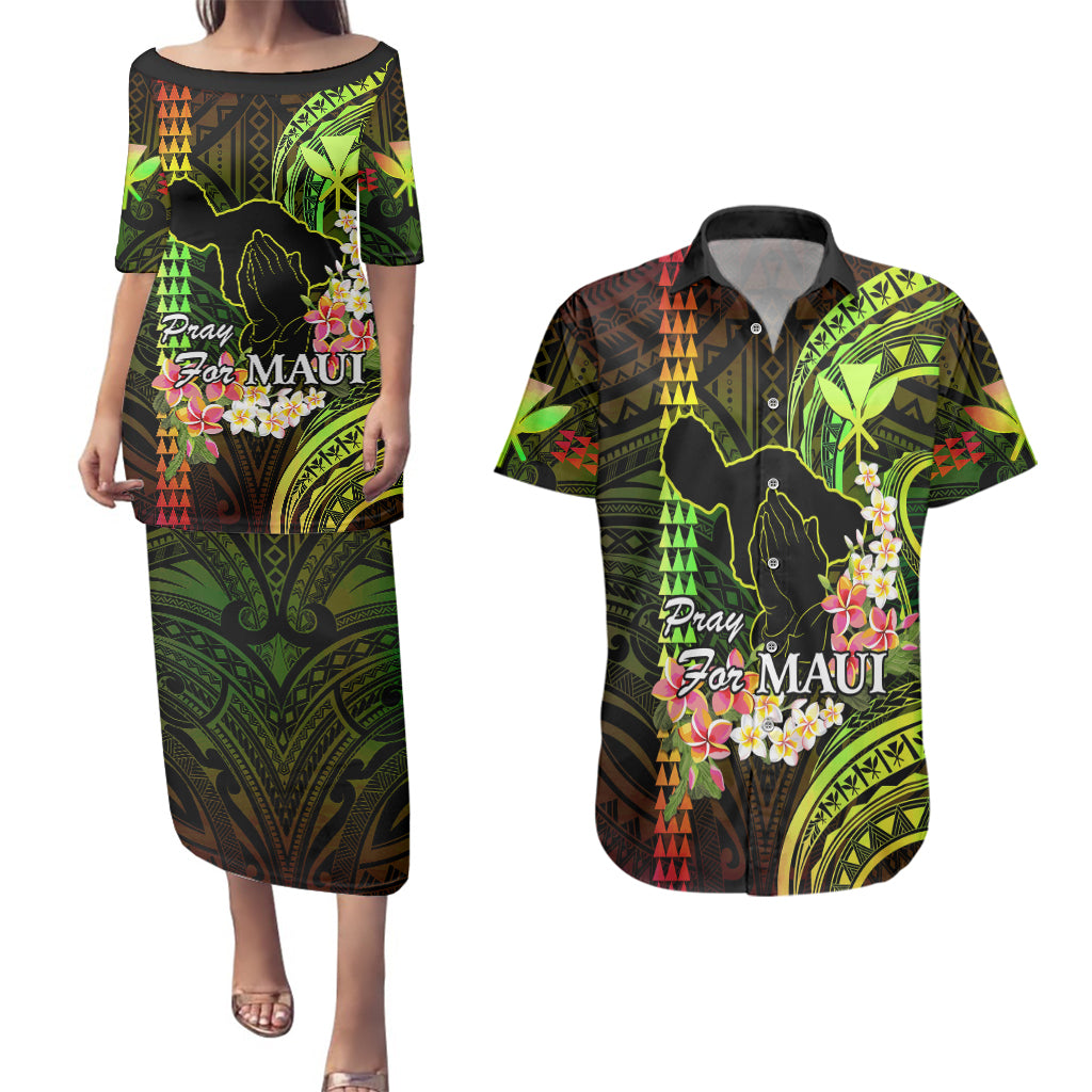 Personalised Hawaii Couples Matching Puletasi Dress and Hawaiian Shirt Pray For Maui Hawaiian Plumeria Be Strong Reggae Verison LT14 Reggae - Polynesian Pride