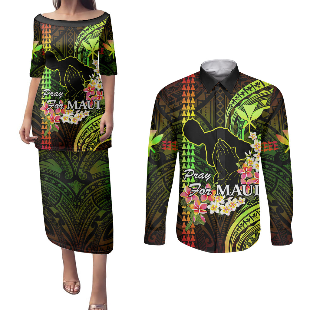 Personalised Hawaii Couples Matching Puletasi Dress and Long Sleeve Button Shirts Pray For Maui Hawaiian Plumeria Be Strong Reggae Verison LT14 Reggae - Polynesian Pride
