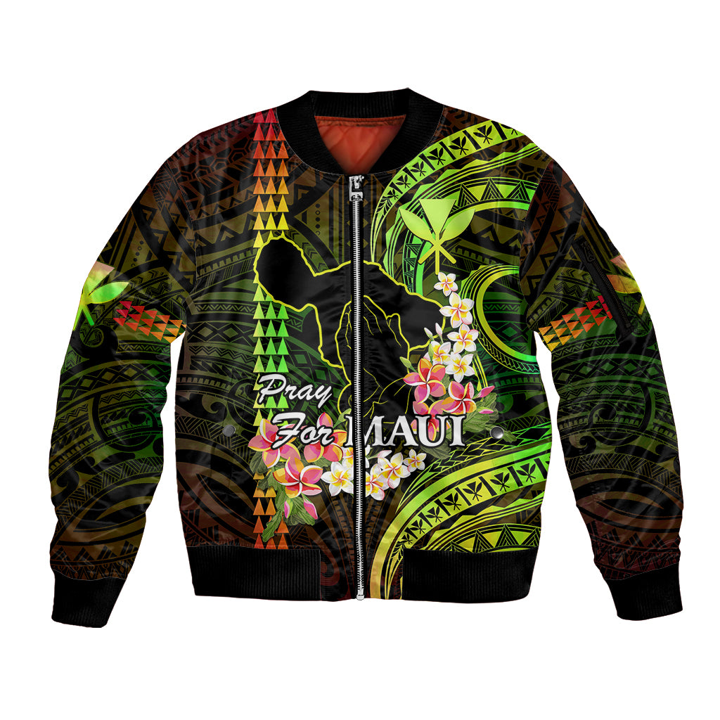 Personalised Hawaii Sleeve Zip Bomber Jacket Pray For Maui Hawaiian Plumeria Be Strong Reggae Verison LT14 Unisex Reggae - Polynesian Pride