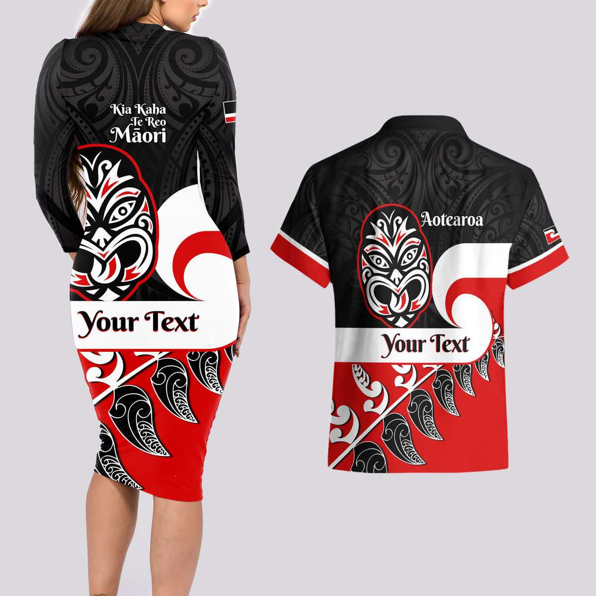 Personalised Te Reo Maori New Zealand Couples Matching Long Sleeve Bodycon Dress and Hawaiian Shirt Kia Haka Maori Fern With Tino Rangatiratanga LT14 - Polynesian Pride