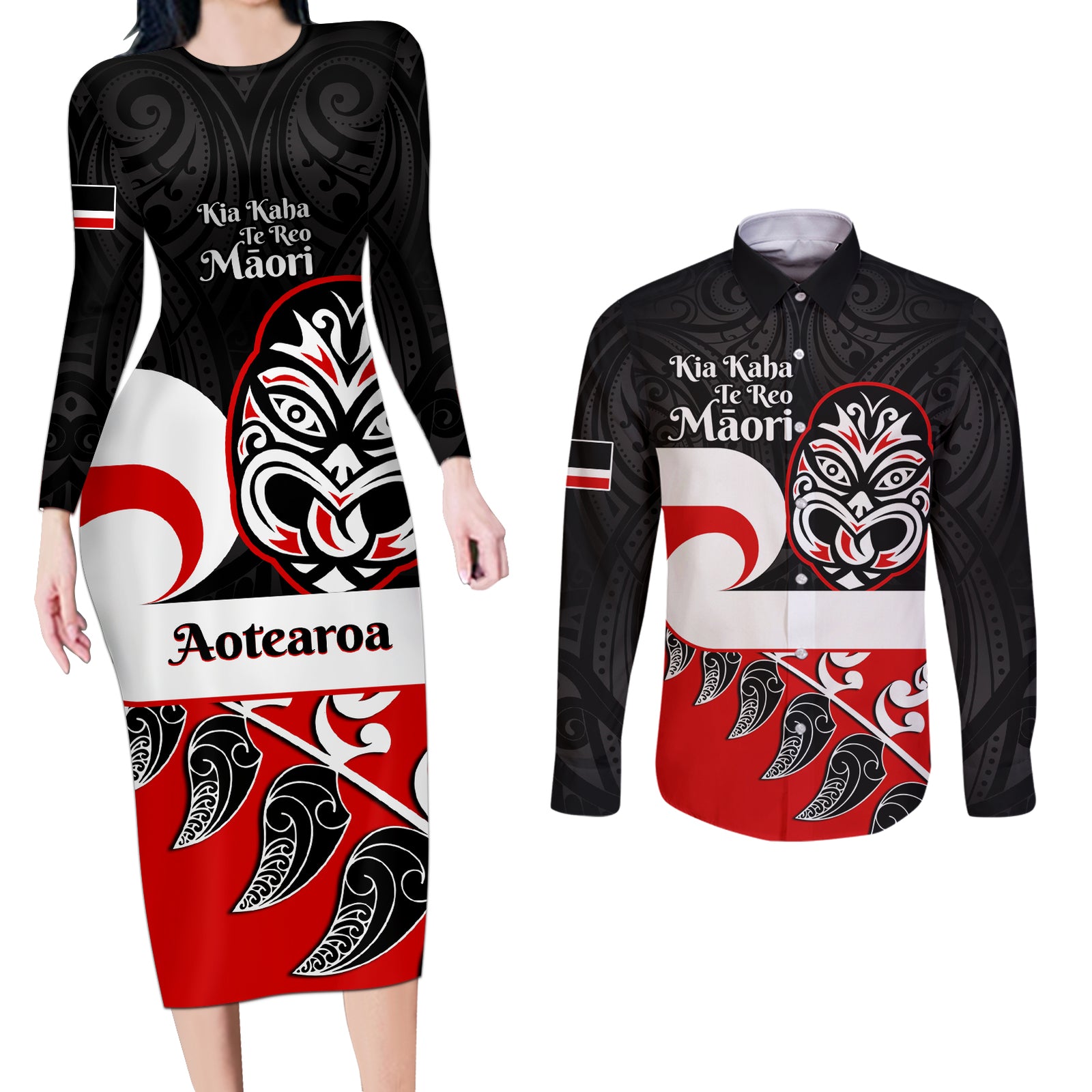 Personalised Te Reo Maori New Zealand Couples Matching Long Sleeve Bodycon Dress and Long Sleeve Button Shirts Kia Haka Maori Fern With Tino Rangatiratanga LT14 Red - Polynesian Pride