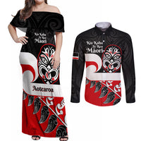 Personalised Te Reo Maori New Zealand Couples Matching Off Shoulder Maxi Dress and Long Sleeve Button Shirts Kia Haka Maori Fern With Tino Rangatiratanga LT14 Red - Polynesian Pride