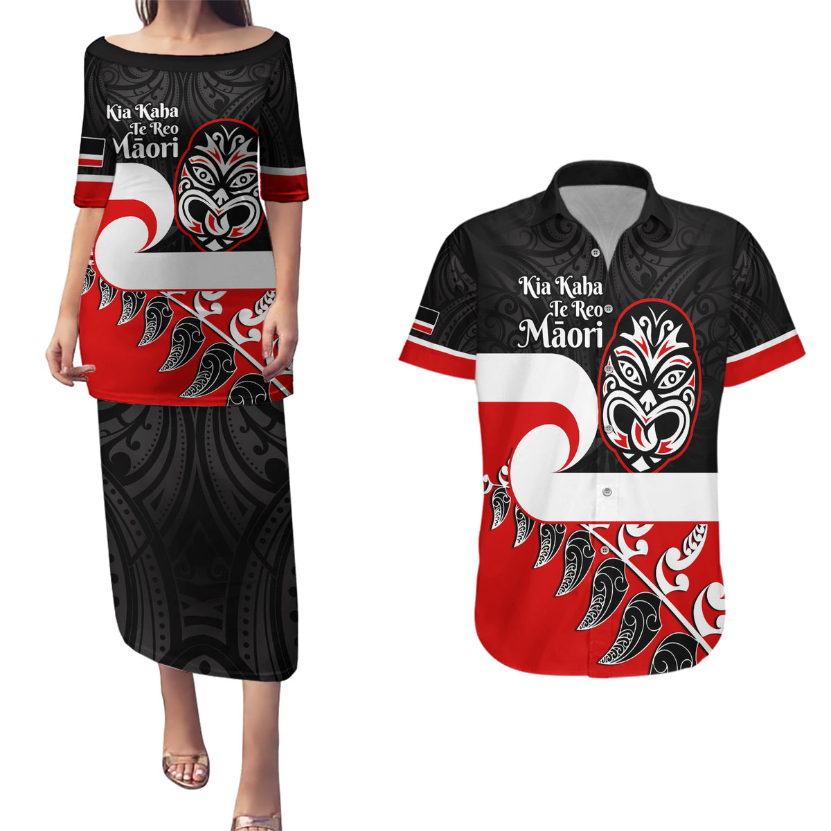Personalised Te Reo Maori New Zealand Couples Matching Puletasi Dress and Hawaiian Shirt Kia Haka Maori Fern With Tino Rangatiratanga LT14 Red - Polynesian Pride