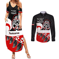 Personalised Te Reo Maori New Zealand Couples Matching Summer Maxi Dress and Long Sleeve Button Shirts Kia Haka Maori Fern With Tino Rangatiratanga LT14 Red - Polynesian Pride