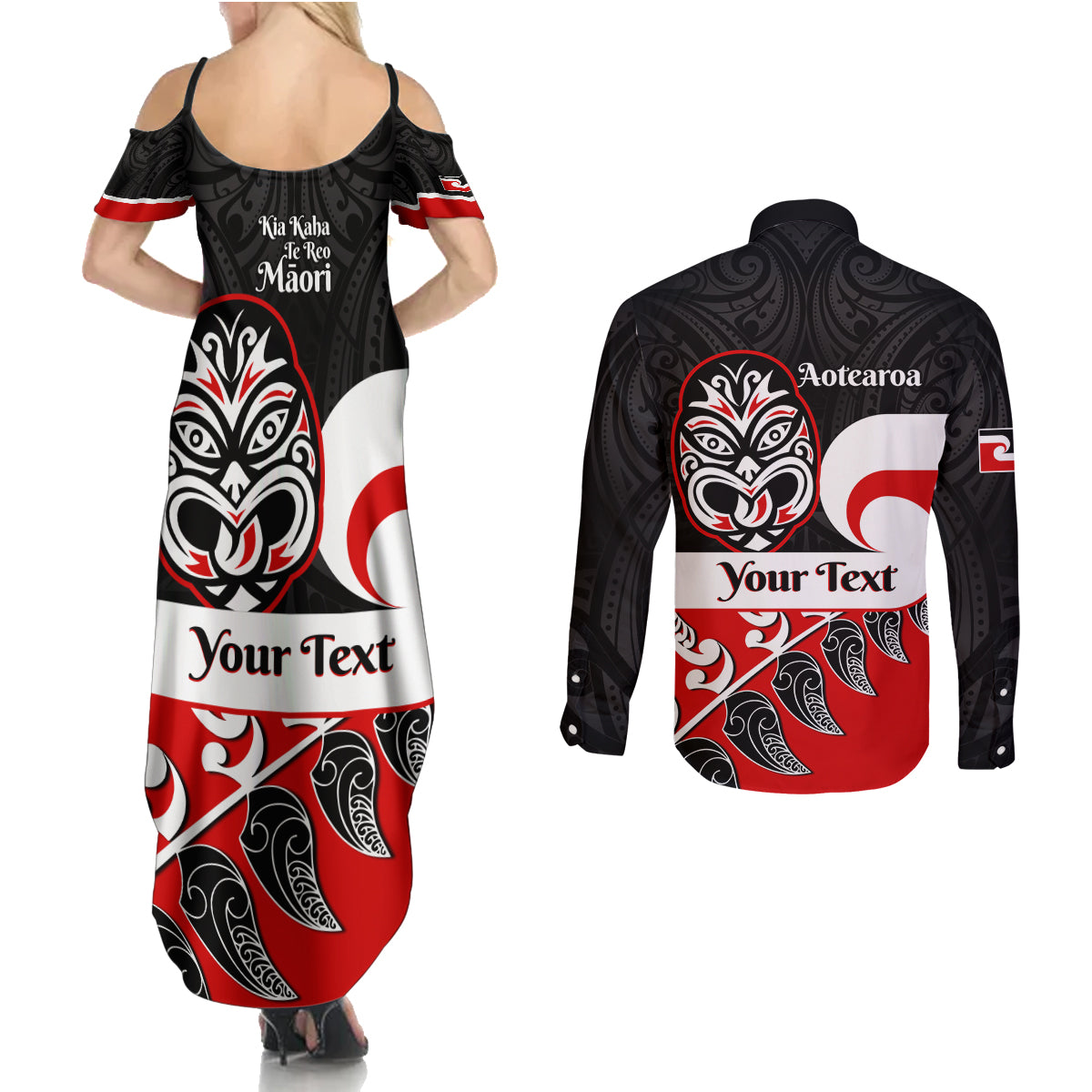 Personalised Te Reo Maori New Zealand Couples Matching Summer Maxi Dress and Long Sleeve Button Shirts Kia Haka Maori Fern With Tino Rangatiratanga LT14 - Polynesian Pride