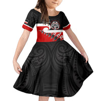 Personalised Te Reo Maori New Zealand Family Matching Short Sleeve Bodycon Dress and Hawaiian Shirt Kia Haka Maori Fern With Tino Rangatiratanga LT14 Daughter's Dress Red - Polynesian Pride