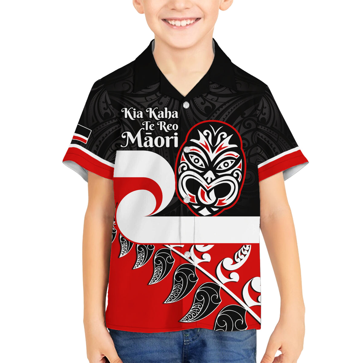 Personalised Te Reo Maori New Zealand Family Matching Tank Maxi Dress and Hawaiian Shirt Kia Haka Maori Fern With Tino Rangatiratanga LT14 Son's Shirt Red - Polynesian Pride