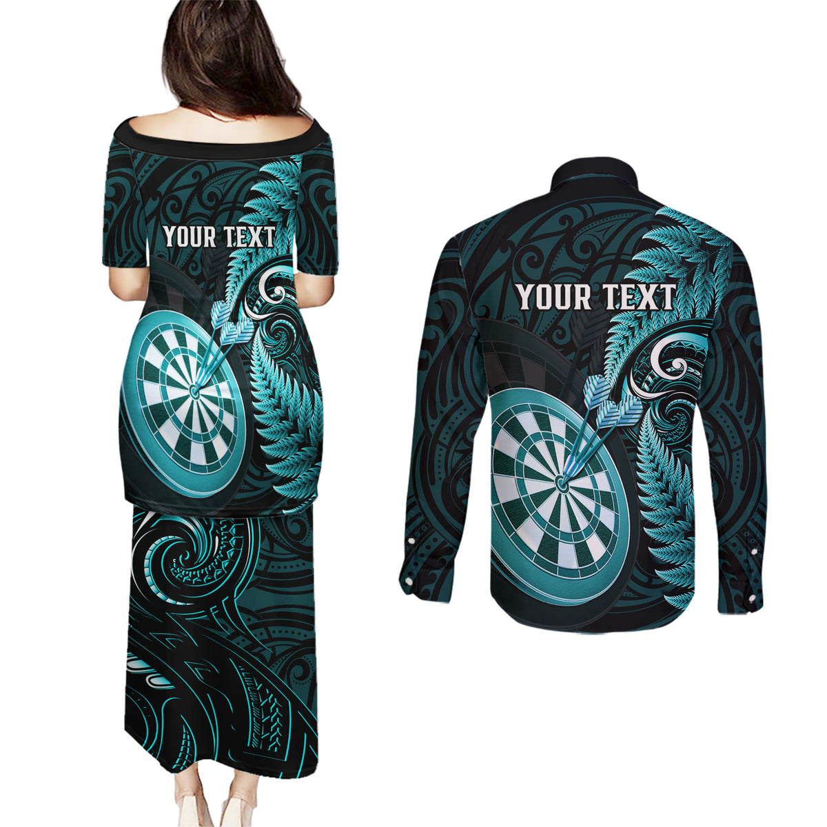 personalised-new-zealand-darts-couples-matching-puletasi-dress-and-long-sleeve-button-shirts-happiness-is-a-tight-threesome-maori-turquoise
