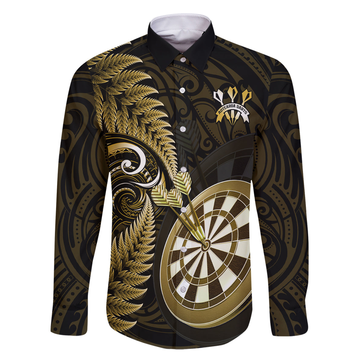 New Zealand Darts Family Matching Puletasi Dress and Hawaiian Shirt Happiness Is A Tight Threesome Maori Gold LT14 Dad's Shirt - Long Sleeve Gold - Polynesian Pride