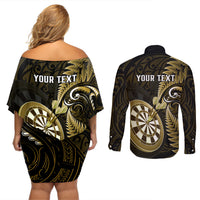 Personalised New Zealand Darts Couples Matching Off Shoulder Short Dress and Long Sleeve Button Shirts Happiness Is A Tight Threesome Maori Gold LT14 - Polynesian Pride