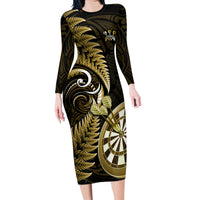 Personalised New Zealand Darts Family Matching Long Sleeve Bodycon Dress and Hawaiian Shirt Happiness Is A Tight Threesome Maori Gold LT14 Mom's Dress Gold - Polynesian Pride