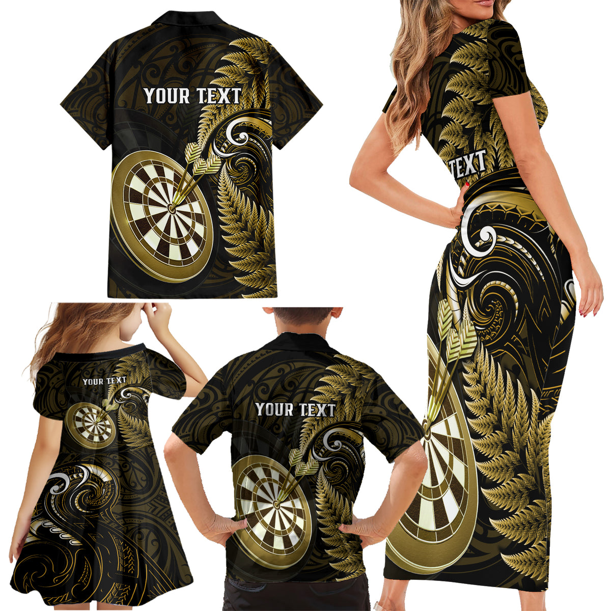 Personalised New Zealand Darts Family Matching Short Sleeve Bodycon Dress and Hawaiian Shirt Happiness Is A Tight Threesome Maori Gold LT14 - Polynesian Pride