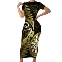 Personalised New Zealand Darts Family Matching Short Sleeve Bodycon Dress and Hawaiian Shirt Happiness Is A Tight Threesome Maori Gold LT14 Mom's Dress Gold - Polynesian Pride