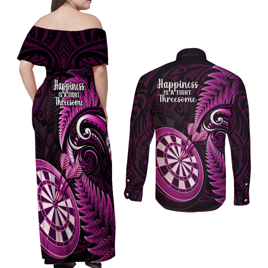New Zealand Darts Couples Matching Off Shoulder Maxi Dress and Long Sleeve Button Shirts Happiness Is A Tight Threesome Maori Pink LT14 - Polynesian Pride